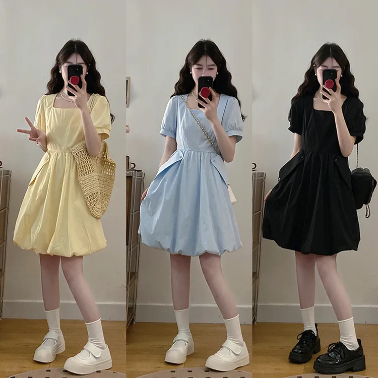 大码2025夏装新款胖mm法式温柔风纯色花苞裙收腰显瘦蓬蓬连衣裙