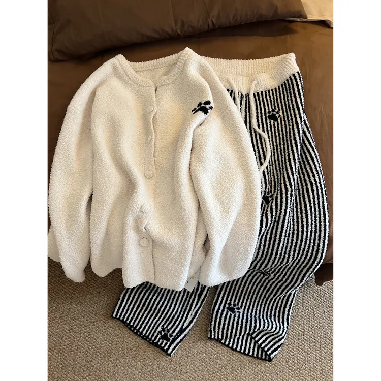 日系慵懒猫爪印半边绒睡衣女秋冬新款针织开衫加厚保暖家居服套装