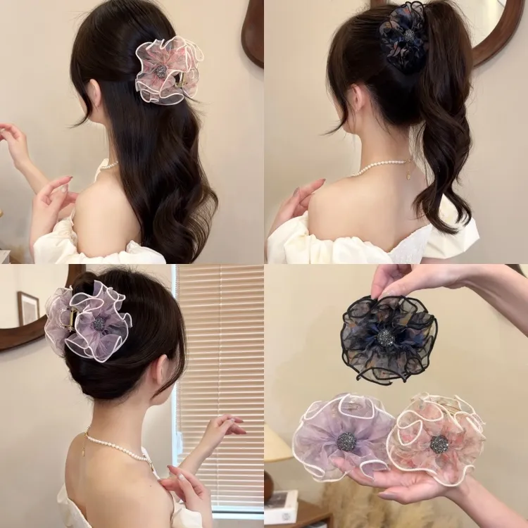 梦幻网纱花苞中号抓夹女夏季高马尾固定发夹后脑勺饱满鲨鱼夹子