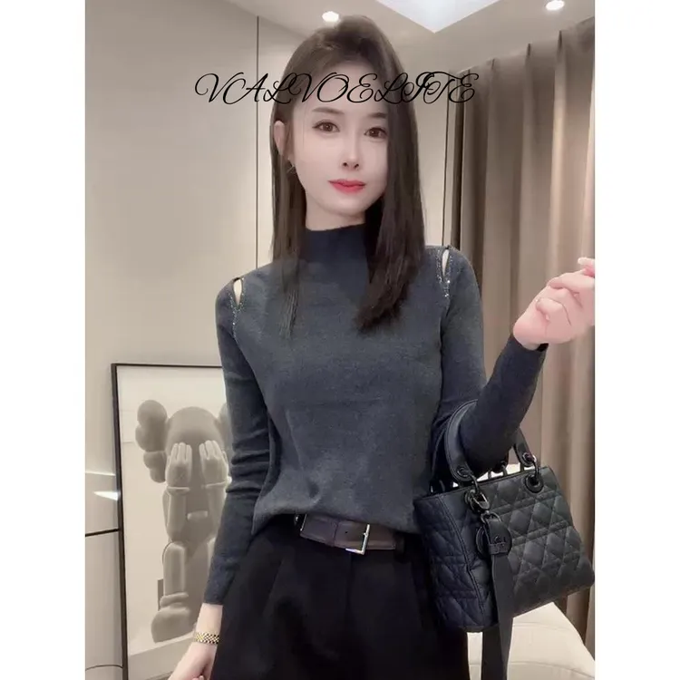 法式半高领镶钻镂空针织衫女内搭打底衫秋冬新款修身时尚毛衣上衣