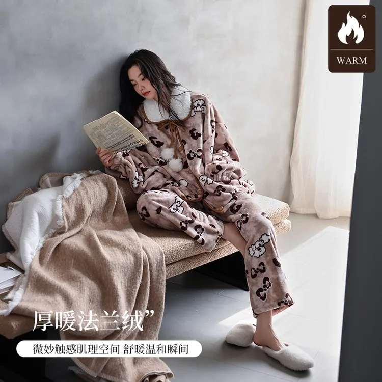 纯禧贵妃绒秋冬天睡衣女加绒保暖珊瑚绒法兰绒韩系大码家居服套装
