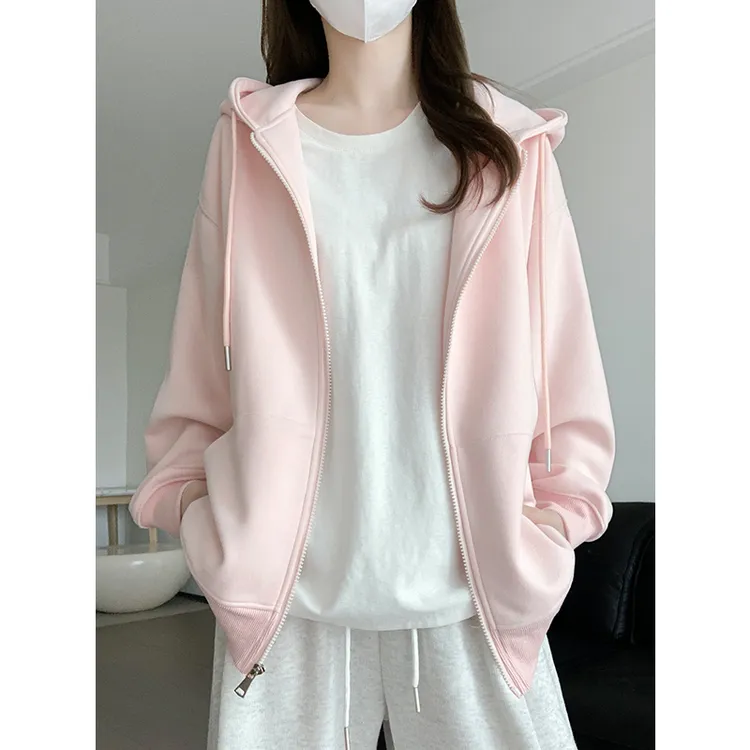 粉粉蜜桃连帽卫衣外套女秋宽松休闲慵懒拉链上衣