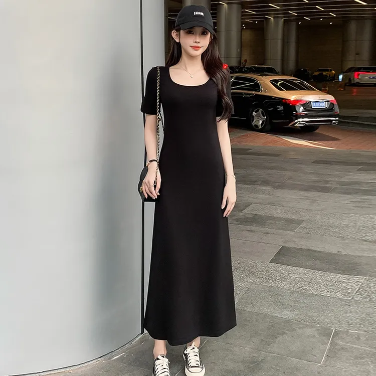 流行时尚潮牌女装时尚宽松休闲慵懒显瘦长款a字小黑裙短袖连衣裙