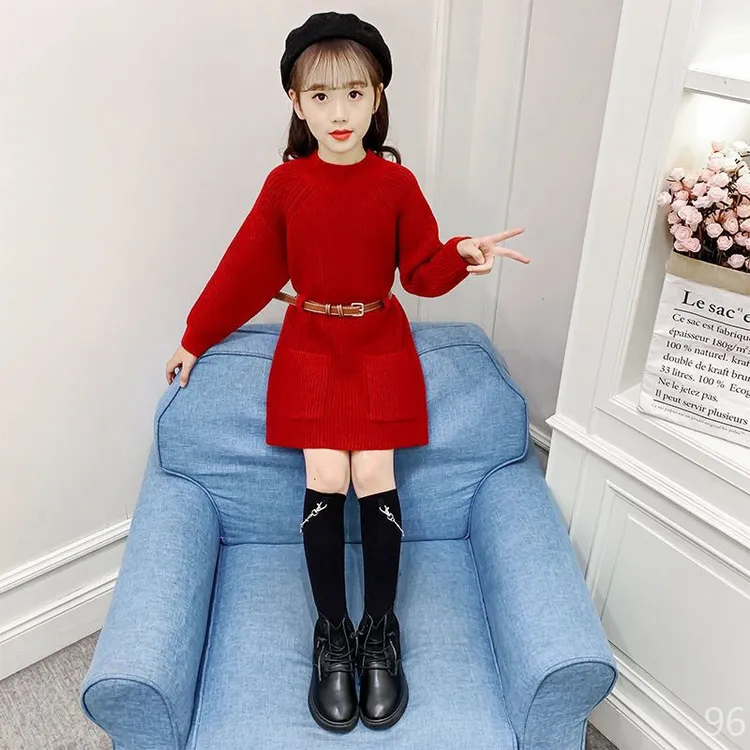 款女大童本命年红毛衣女童毛衣秋冬款女童长款毛衣红色女童毛衣连