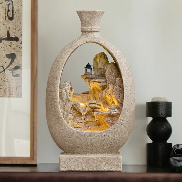 新中式循环水景客厅玄关电视柜办公室装饰乔迁礼花瓶造型流水摆件