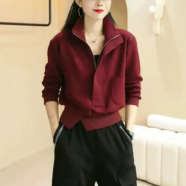 （运费险）2025安可拉红立领长袖卫衣女早秋新款轻奢高端小众设计感