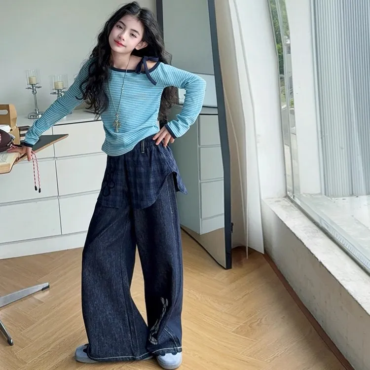 女童斜肩打底衫牛仔裤套装2025新款秋装韩系中大童牛仔裤两件套潮