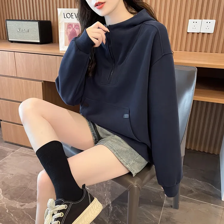 网红洋气减龄宽松卫衣女2025早秋季爆款韩版宽松半拉链连帽上衣薄