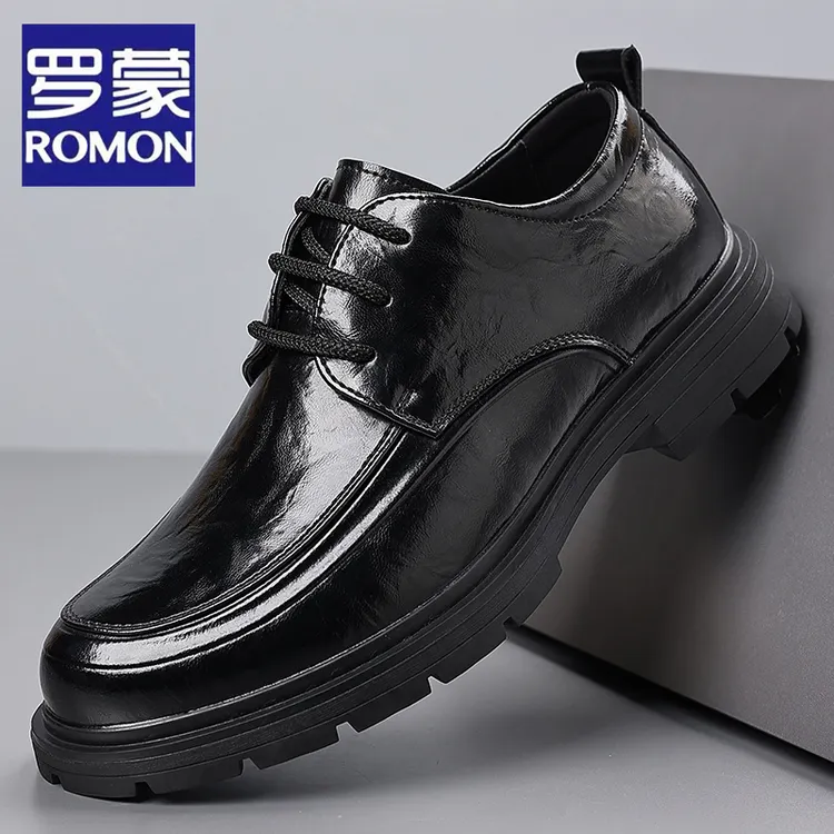 Romon/罗蒙男鞋皮鞋夏季百搭单鞋真皮系带英伦风黑色结婚伴郎男款