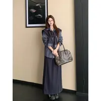 2025时尚复古条纹Polo领长袖衬衫配披肩+半身裙套装女2717#0.1