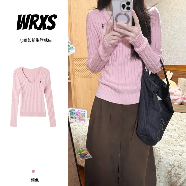 【婉如新生】女秋冬季慵懒高级感毛衣套头上衣粉色v领不撞衫针织衫