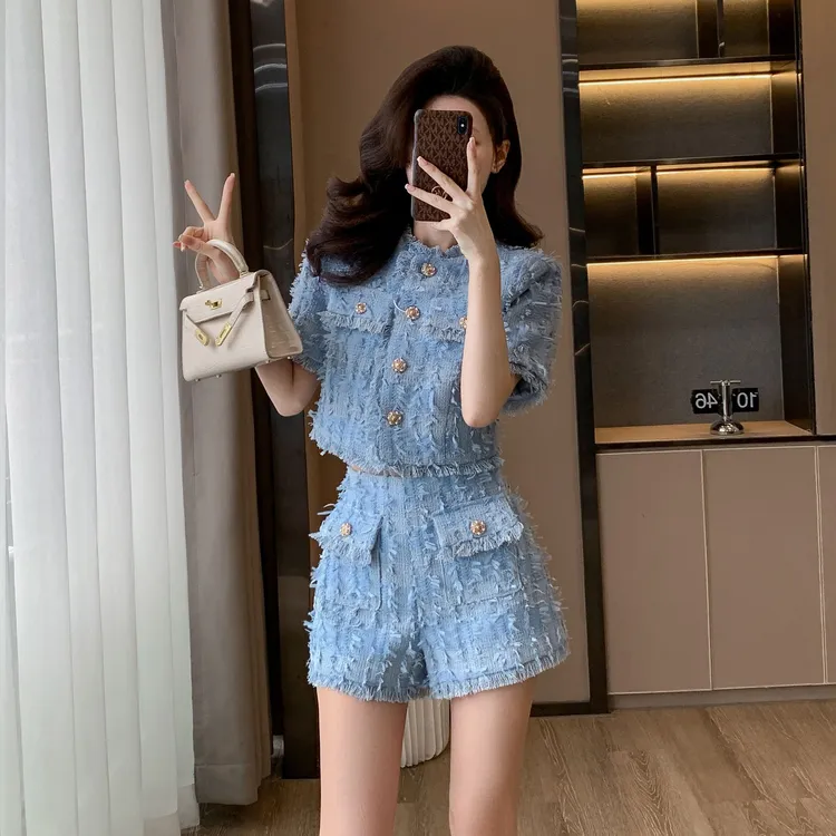 夏季高级感休闲小香风流苏套装女装小个子洋气减龄时尚短裤两件套
