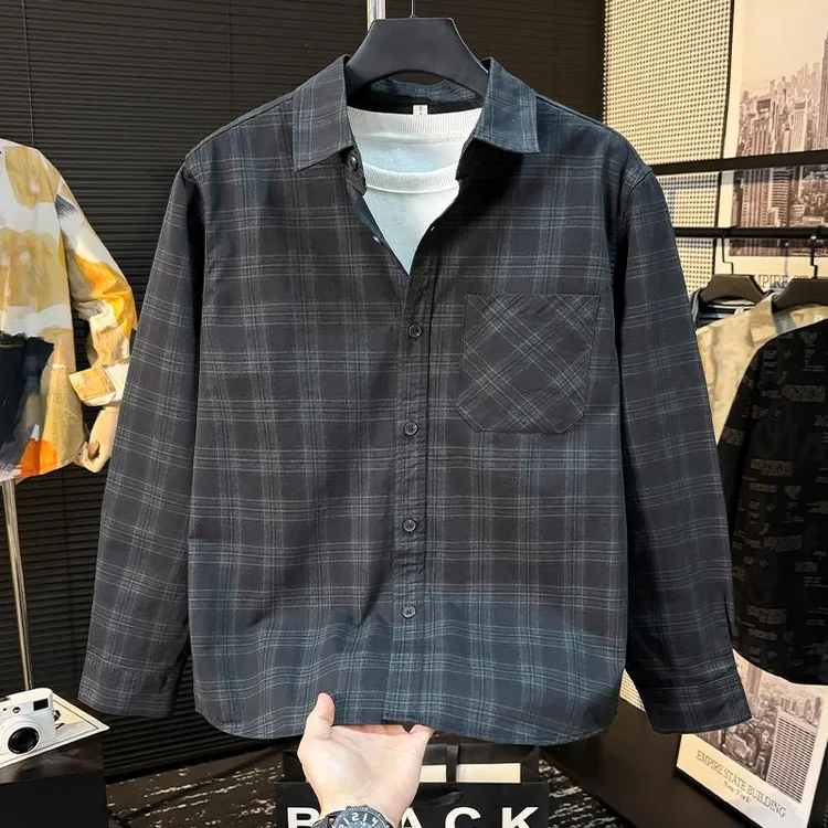 秋季新款潮牌痞帅时尚宽松休闲衬衣美式复古纯棉格子长袖衬衫男士