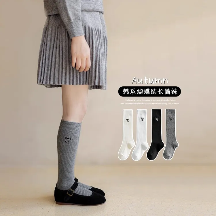 女童长筒袜春秋儿童韩版ins刺绣蝴蝶结小腿袜秋季女孩纯色中筒袜