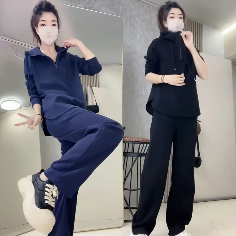 欧货2025春秋新款时尚休闲套装女连帽套头宽松卫衣显瘦高腰阔腿裤
