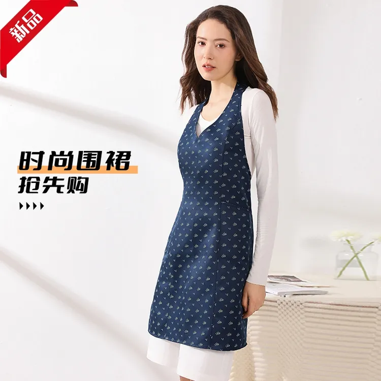 法式V领收腰碎花围裙厨房家用透气防污空姐制服款围腰女工作服