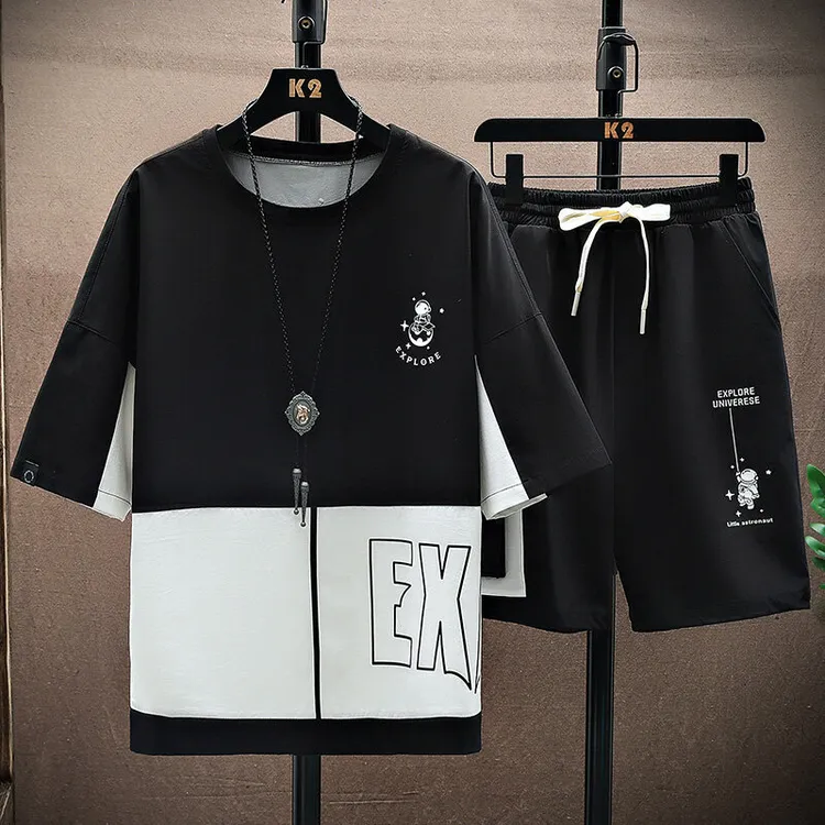 2025新款夏季套装短袖九分裤男士冰丝套装潮流-套装2612-