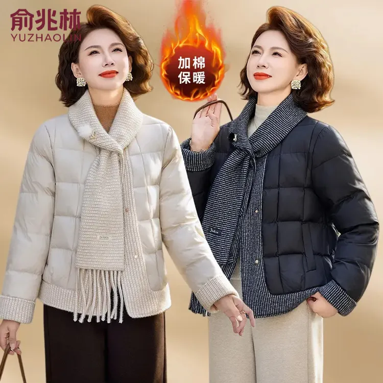 俞兆林冬季新款气质妈妈装加棉加厚外套毛巾领时尚百搭棉服舒适