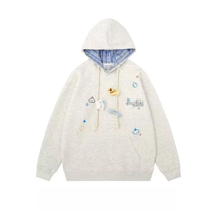 纯棉+运费险】卡通小狗刺绣拼接格纹连帽卫衣女春秋季美式慵懒chic情侣帽衫上衣