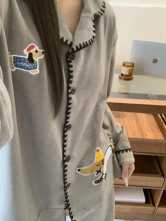 韩系ins腊肠狗刺绣睡衣女带胸垫秋冬加厚保暖家居服套装可外穿