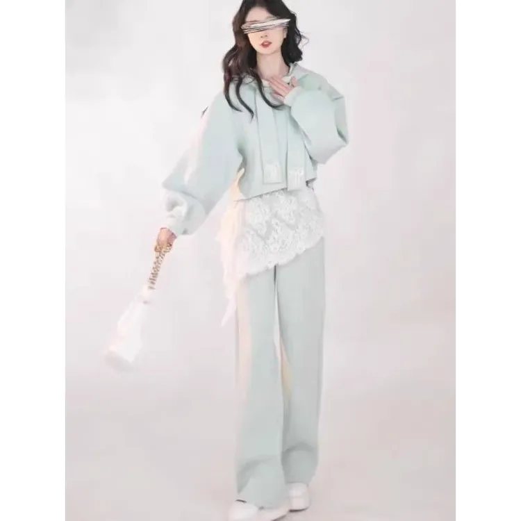 大码300斤胖mm时尚减龄连帽卫衣套装女春秋宽松蕾丝阔腿裤三件套2