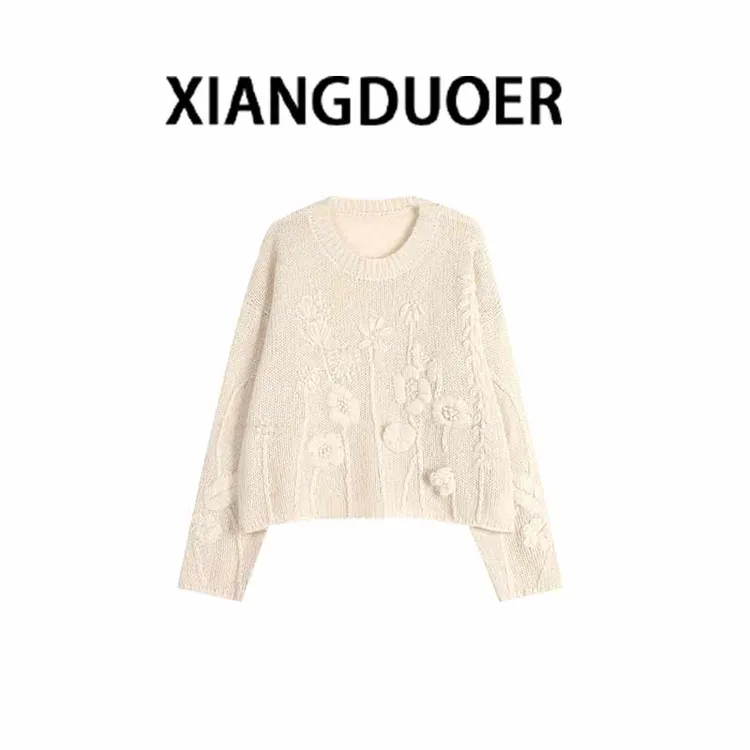 【花海】2026秋冬新款翻领百搭镂空手工花设计款套头上衣