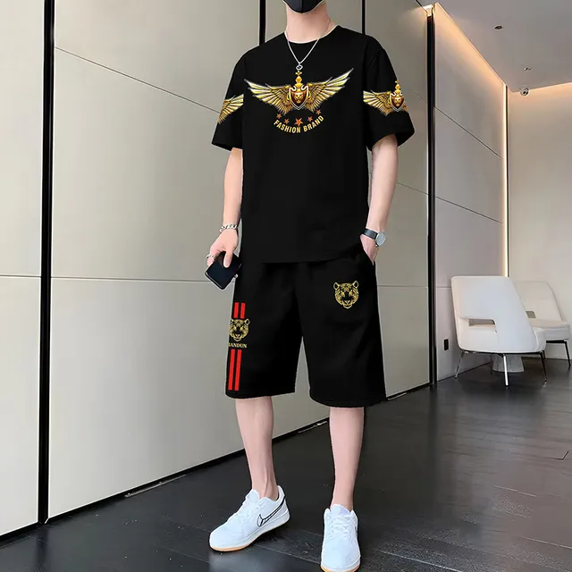 夏季新款个性潮男五分裤两件套时尚潮流帅气短袖短裤休闲运动套装