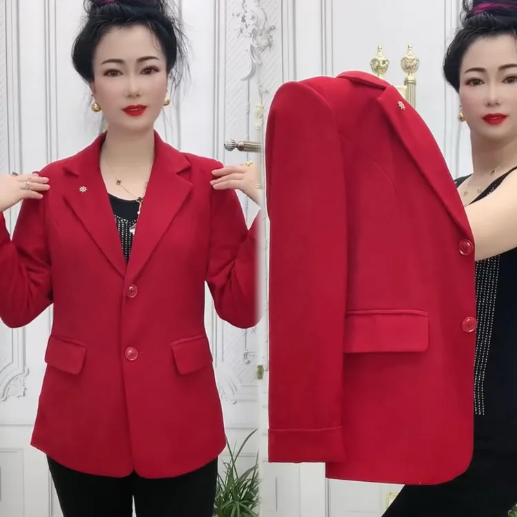 新款春秋网红爆款西装短款外套时尚修身女士西服上衣妈妈气质红色