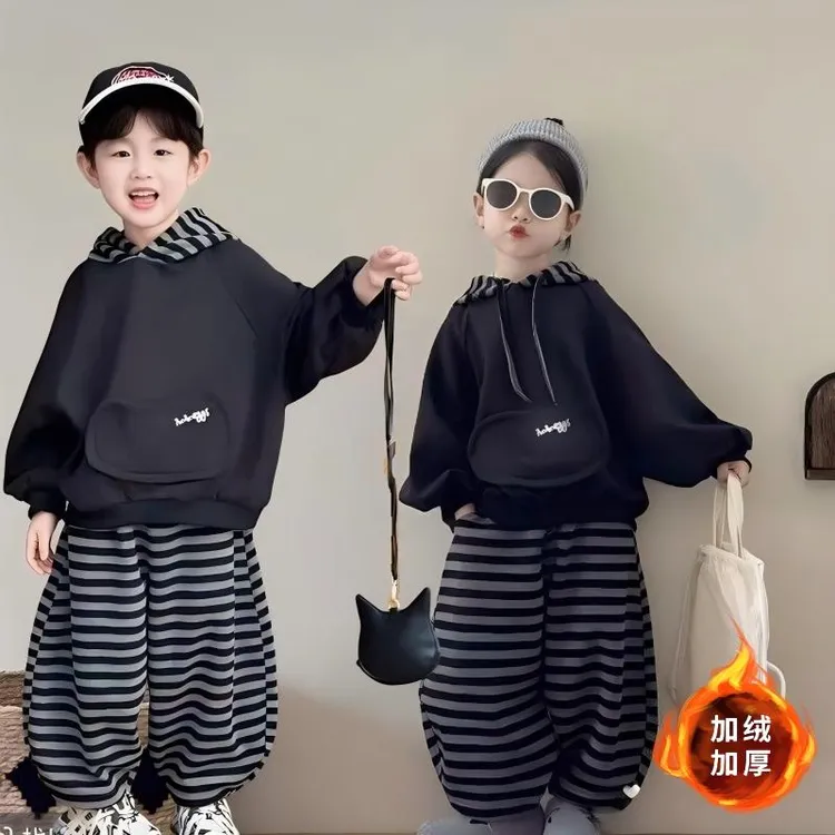 新款秋冬季儿童条纹加绒套装连帽卫衣男女童一体绒加厚保暖两件套