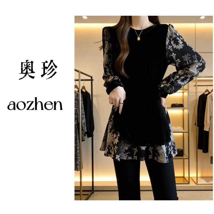 碎花拼接假两件黑色金丝绒衬衫秋冬季大码胖mm中长款显瘦款