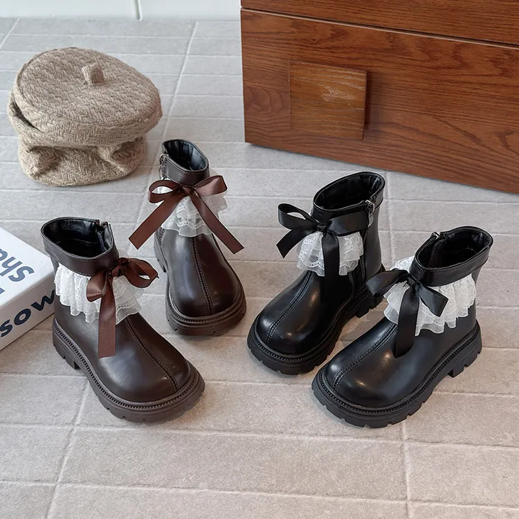 女童皮靴2025秋季新款女孩蕾丝蝴蝶结公主短靴韩版复古马丁靴1200