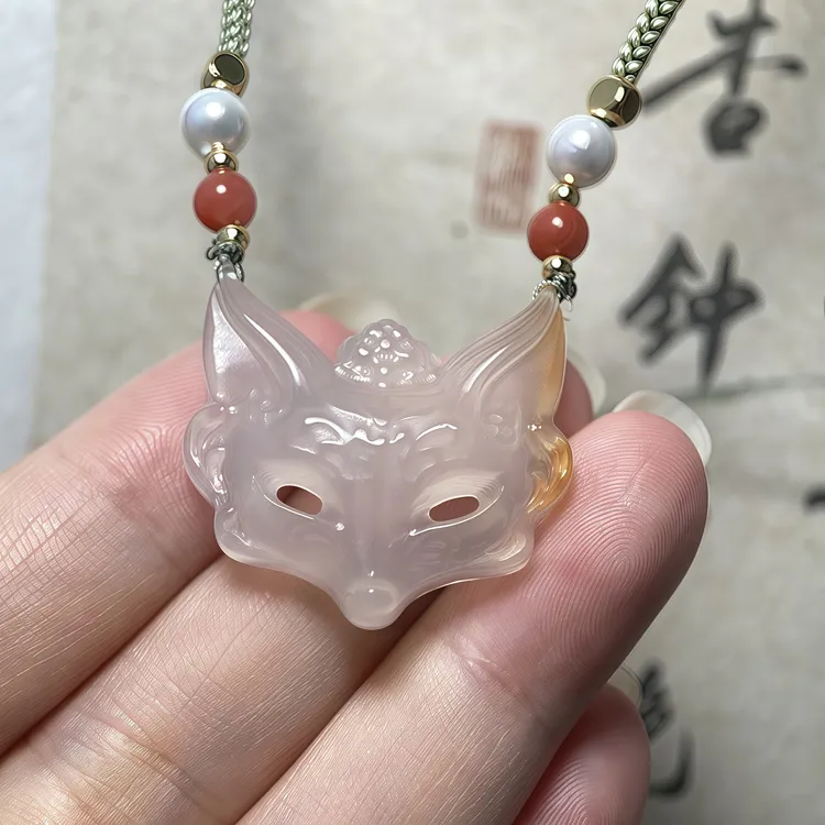 天然玉髓玛瑙狐狸面具吊坠新中式国风玉石项链多样性发货