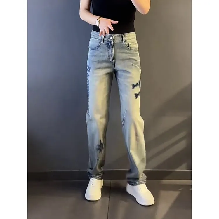 复古蓝双扣微喇牛仔裤女春秋2025新款修身设计感显瘦弹力喇叭裤子