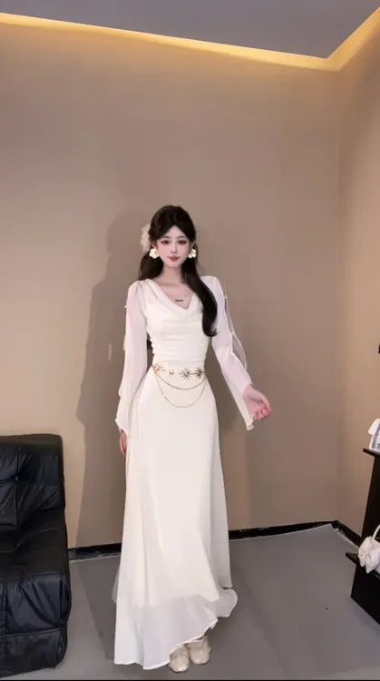 XQIN【太阳女神】秋季新款真两件套荡领气质法式连衣裙QXQHZ51999