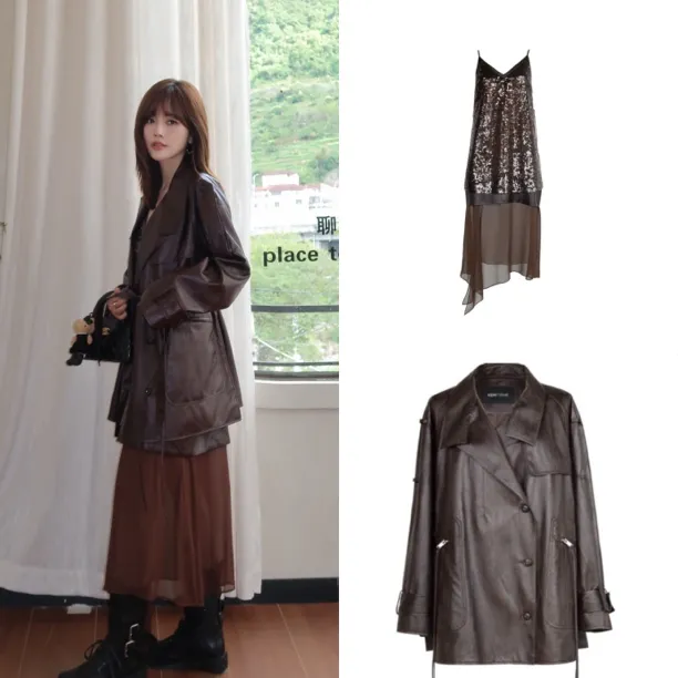 KEHFORME 翻领千金风春秋冬设计师欧美风绗缝皮衣外套