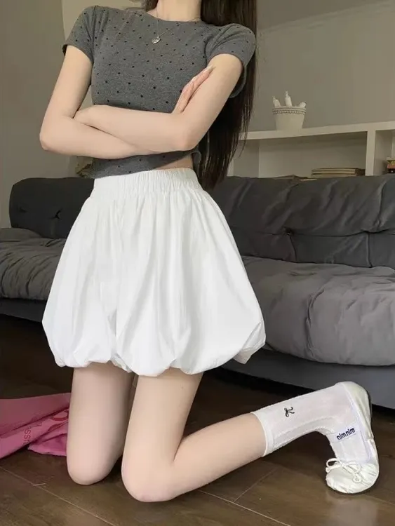 白色蓬蓬花苞短裤女2025夏季大码胖mm高腰显瘦短裤