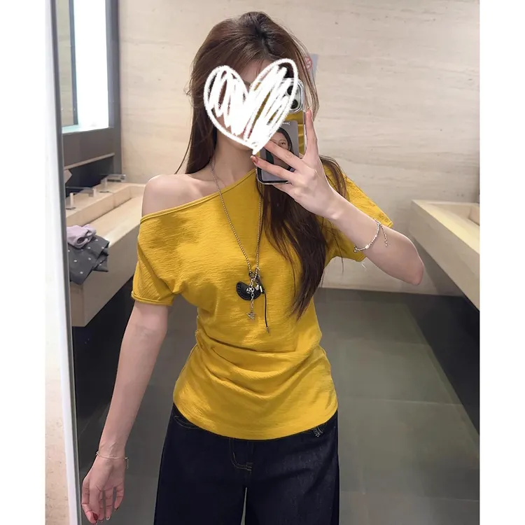 斜领掐腰短袖T恤女2025夏季新款韩系收腰显瘦露肩肌理感上衣chic