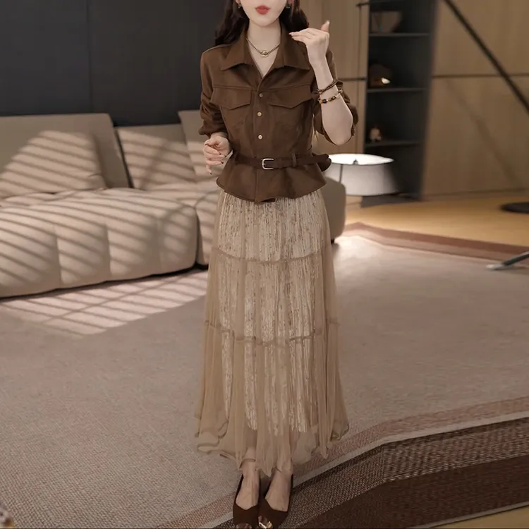 2025秋季新款韩系纯色长袖外套+高腰半身裙显瘦两件套女洋气套装