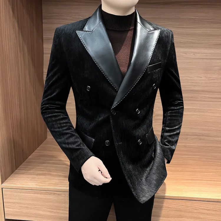 戗驳领西服外套男士秋冬款休闲拼皮痞帅高级感双排扣单件男款西装