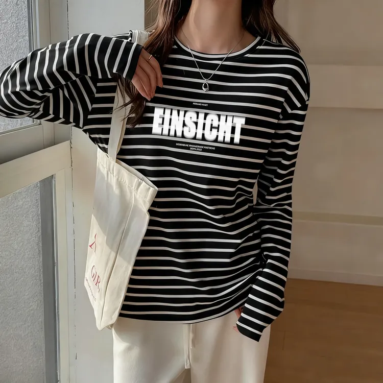外穿秋冬新款条纹宽松T恤上衣黑色加绒圆领长袖打底衫女内搭
