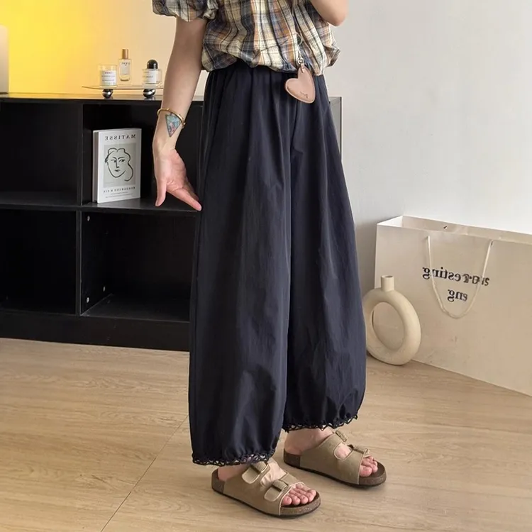 藏青色阔腿灯笼裤女夏薄款大码胖妹妹mm九分花苞裤休闲速干气球裤