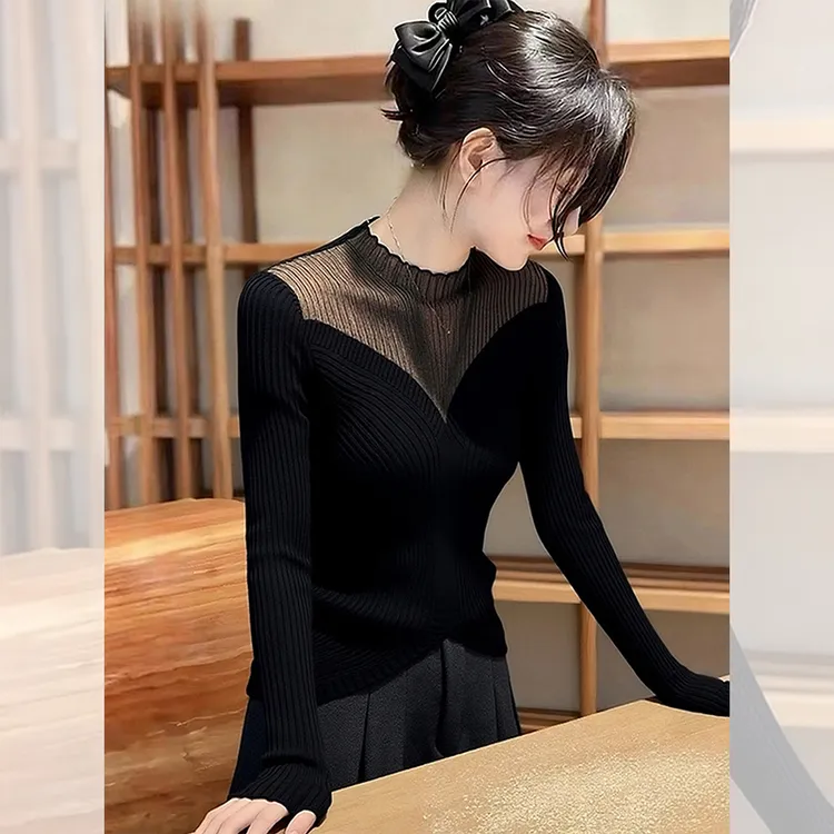 独特漂亮内搭黑色网纱小衫女装秋冬洋气高贵半高领针织衫打底上衣