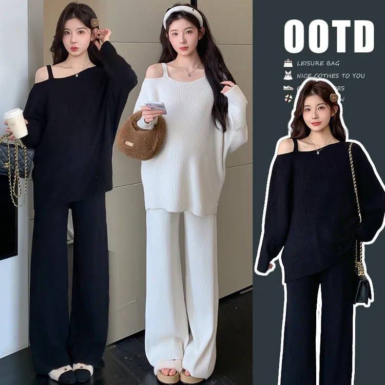 孕妇套装2025新款秋季装露肩宽松毛衣阔腿裤慵懒风时尚穿搭两件套