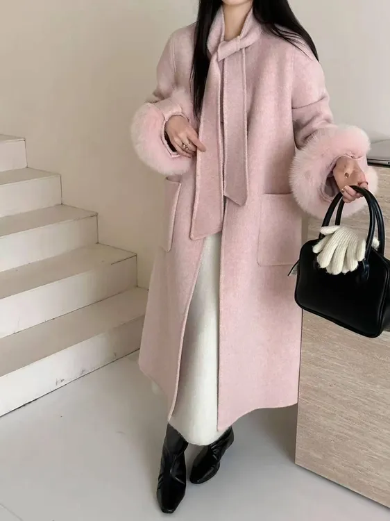 女中长款长款粉色娃娃领羊绒外套宽松韩版加厚时尚