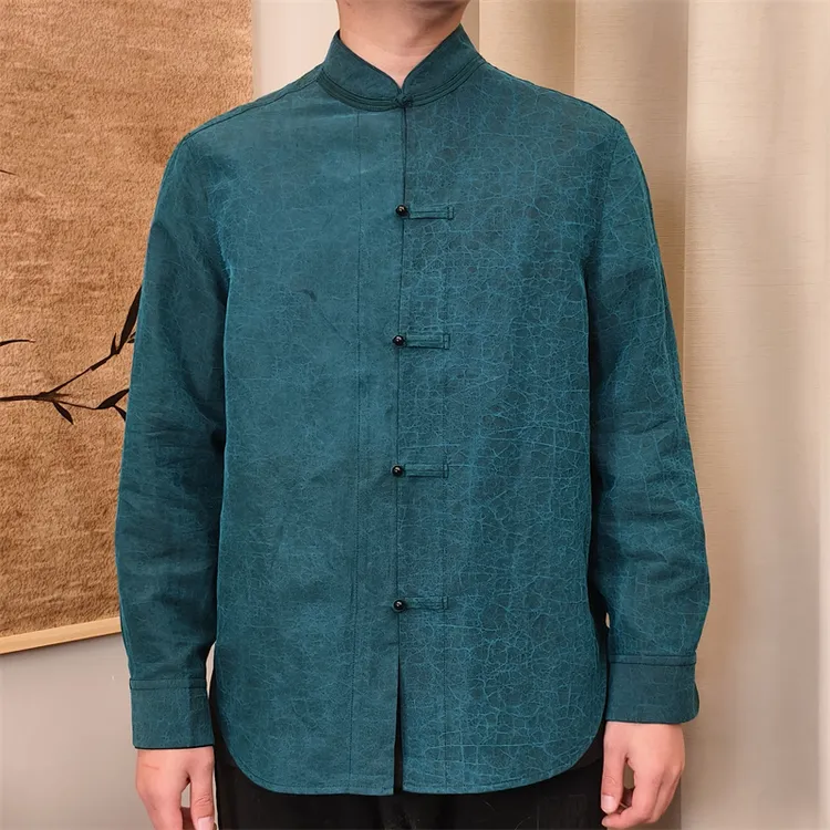 月下扬帆春季新款100桑蚕丝香云纱龟裂纹双面穿衬衫唐装2518