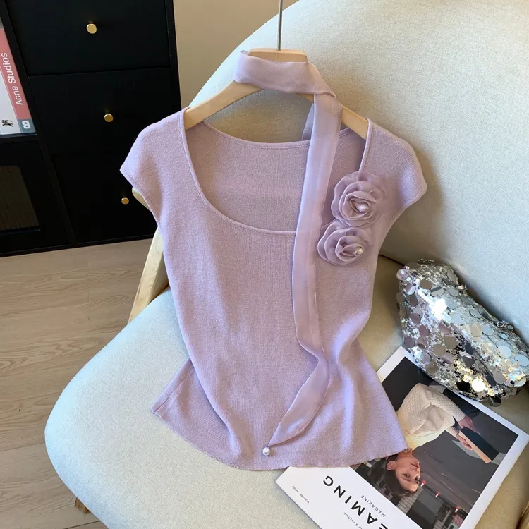 【优质版】法式飘带立体花朵气质针织背心女夏季新款绝美超漂亮上衣