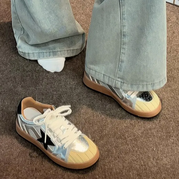 韩系复古小众银色星星德训鞋女2025新款透气百搭厚底休闲运动板鞋