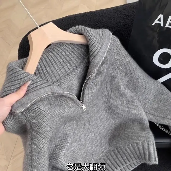 软糯奶fufu灰色半拉链气质毛衣女秋冬小个子宽松套头针织衫上衣