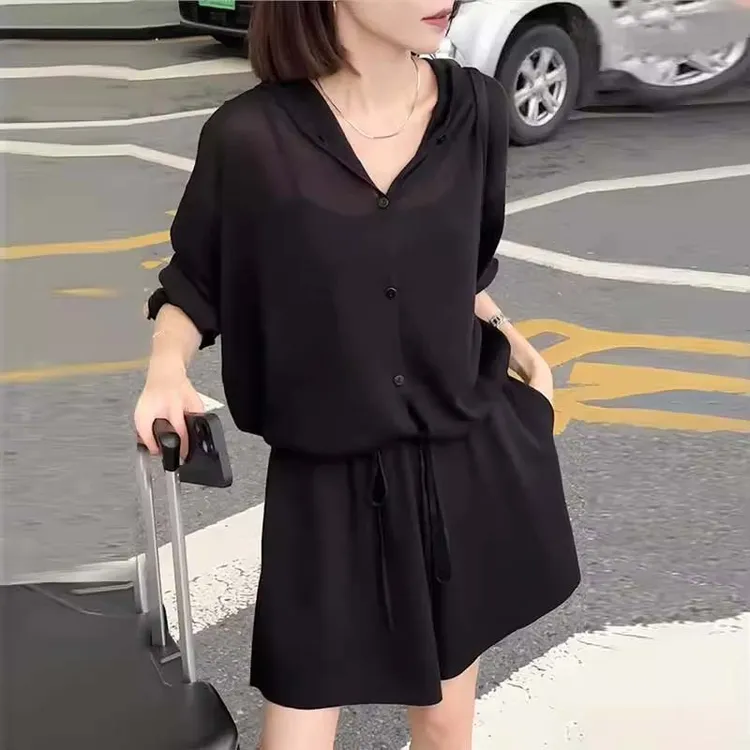 2025夏季新款女士气质搭配一整套时尚休闲连帽防晒衬衫短裤套装潮