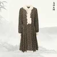 品牌女士桑蚕丝连衣裙木耳边衬衫领印花拼接中长裙32752